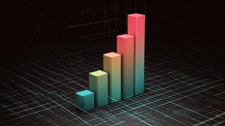 A modern and vibrant 3D bar graph with colorful segments stands against a dark background, symbolizing growth, progress, and dynamic data analysis in various industries.の素材