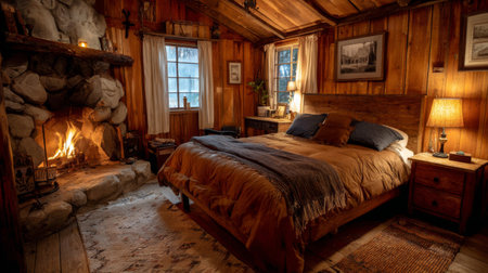 This rustic bedroom features a warm fireplace, wooden decor, and cozy furnishings, creating an inviting atmosphere perfect for relaxation and escape in nature.の素材