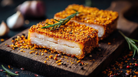 Close-up of crispy coated food with spices and herbs arranged on a wooden board, showcasing a vibrant and delicious dish ideal for culinary enthusiasts.の素材