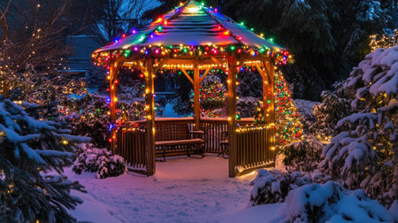 A beautifully adorned gazebo featuring colorful holiday lights in a snowy winter landscape. Perfect for capturing the essence of the festive season.の素材