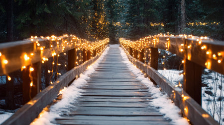 A wooden bridge decorated with glowing fairy lights, surrounded by snow and trees, creates a tranquil winter scene perfect for holiday magic.の素材