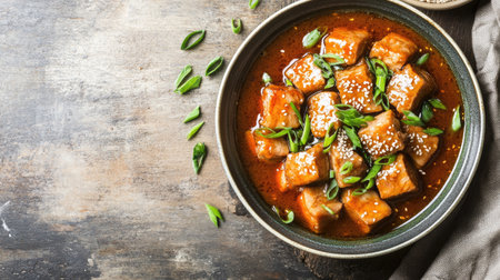 This image features a savory dish, showcasing tender pieces of food, garnished with green onions and sesame seeds in a rich sauce. Ideal for culinary inspiration.の素材