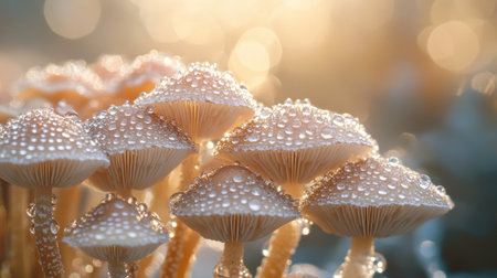 Lush mushrooms covered in dew glisten in soft sunlight, creating a tranquil and vibrant natural scene perfect for nature lovers and botanical enthusiasts.の素材