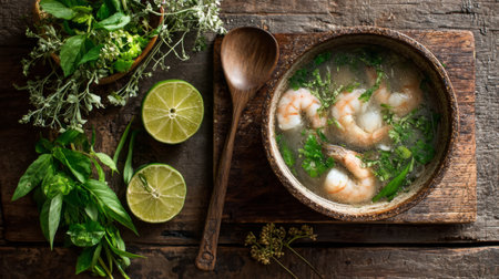 This image showcases a bowl of shrimp soup garnished with fresh herbs and lime slices, set on a rustic wooden table, perfect for culinary inspiration.の素材