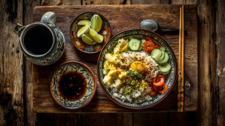 Discover a delightful rice bowl dish featuring fresh egg, assorted vegetables, citrus slices, and savory sauce, beautifully arranged on a rustic wooden table.の素材