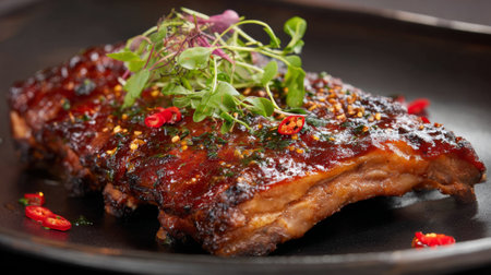 A mouthwatering serving of juicy barbecue ribs, coated in a rich glaze and adorned with fresh herbs and chili, perfect for gourmet dining and culinary delight.の素材