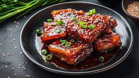 A delectable close-up of glazed pork belly garnished with sesame seeds and green onion, showcasing a rich and savory flavor that's perfect for any meal.の素材