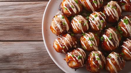 A beautifully arranged platter of savory snacks drizzled with sauce and garnished. Perfect for sharing at parties or gatherings, offering a delightful culinary experience.の素材