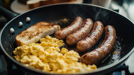 A mouthwatering breakfast scene featuring sausages, scrambled eggs, and toast sizzling in a skillet. Perfect for food lovers and culinary enthusiasts.の素材