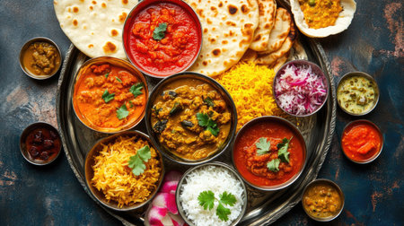 A vibrant assortment of Indian dishes served on a traditional platter, including curries, rice, and naan, showcasing rich colors and diverse flavors.の素材