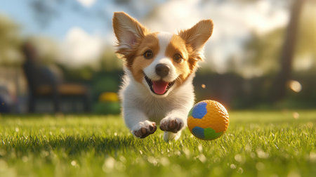 A joyful puppy leaps through a sunlit meadow, chasing a colorful ball. This lively scene captures the essence of playfulness and fun in nature.の素材