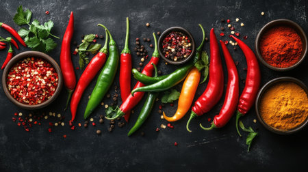 A vibrant arrangement of fresh peppers and spices on a dark surface, showcasing an array of colors and textures perfect for culinary inspiration.の素材