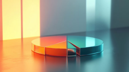 A modern and colorful pie chart displayed on a reflective surface, illustrating data visualization concepts suitable for business analytics and reporting.の素材