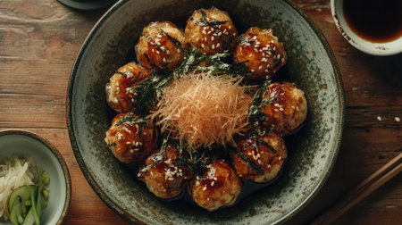 Delight in this beautifully arranged takoyaki, a popular Japanese snack made with octopus and topped with savory ingredients. Perfect for food lovers.の素材