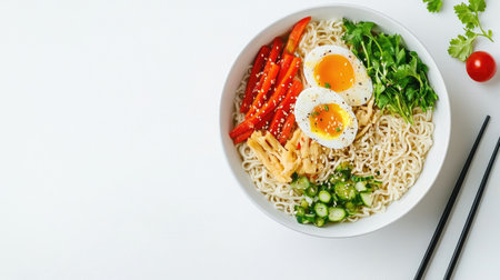A vibrant ramen bowl featuring noodles, fresh vegetables, and boiled eggs. Perfect for showcasing a delicious and healthy meal option in any culinary context.の素材
