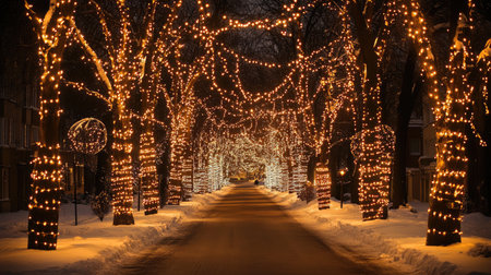 Enchanting winter street adorned with twinkling lights creates a magical atmosphere perfect for the holiday season, inviting warmth and beauty.の素材