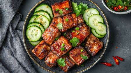 A beautifully arranged plate of grilled meat served with fresh cucumber slices and garnished with herbs, perfect for any culinary occasion or meal setting.の素材
