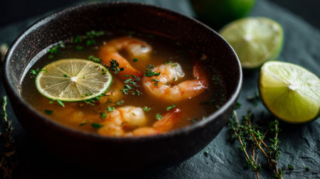 A delicious bowl of shrimp soup featuring fresh lime, herbs, and thyme on a black stone surface, ideal for showcasing gourmet seafood cuisine.の素材