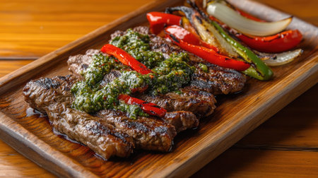 A mouth-watering grilled steak served with colorful vegetables on a wooden platter. Perfect for gourmet meals or casual dining occasions.の素材