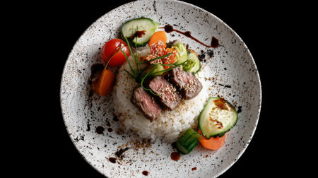 This beautifully presented dish features tender beef slices served on a bed of rice, complemented by fresh vegetables and a drizzle of sauce for a gourmet experience.の素材