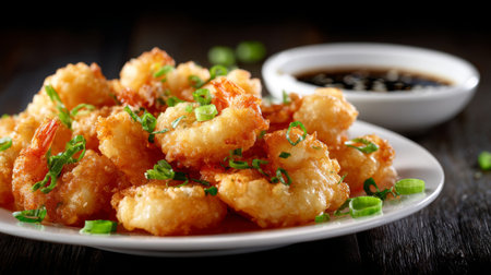 A delicious plate of crispy shrimp adorned with fresh green onions, served alongside a savory dipping sauce, perfect for any appetizer lover.の素材