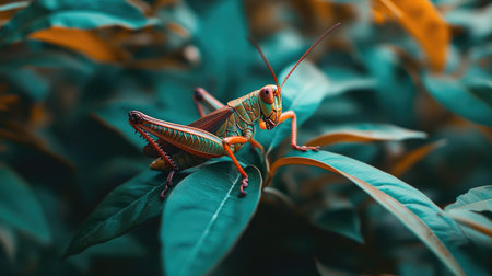 A vibrant grasshopper perched on lush green leaves, showcasing vivid colors and fine detail. This captivating image captures the beauty of nature.の素材