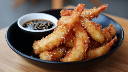 Indulge in this enticing plate of crispy fried shrimp, garnished with sesame seeds and accompanied by a savory soy sauce dip, in a modern setting.の素材