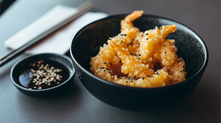 Enjoy a delightful view of crispy shrimp tempura, artfully presented in a bowl with a tasty dipping sauce, perfect for food enthusiasts and dining experiences.の素材