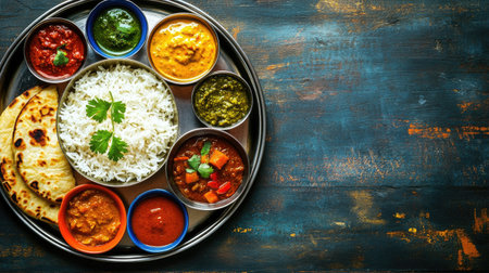 A vibrant Indian meal featuring basmati rice, various colorful curries, and naan bread. Perfect for showcasing cultural cuisine and dining experiences.の素材