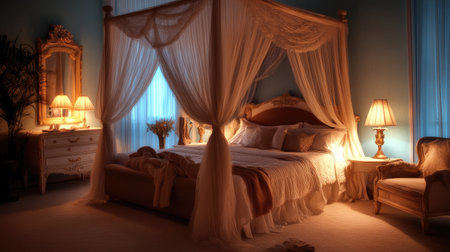 A beautifully designed canopy bedroom featuring soft lighting, elegant decor, and a peaceful ambiance perfect for relaxation and tranquility.の素材