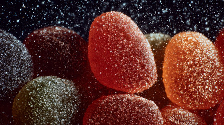 Bright and colorful gummy candies coated with sparkling sugar sit dramatically against a dark background, evoking feelings of joy and indulgence perfect for any celebration.の素材