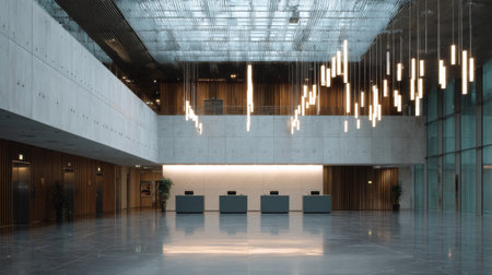 A spacious and modern reception area featuring polished concrete surfaces, stylish lighting, and a welcoming ambiance suitable for contemporary businesses.の素材