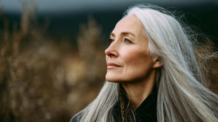 A peaceful portrait of an older woman with beautiful silver hair, deeply immersed in thought against a natural backdrop, capturing a moment of tranquility and reflection.の素材