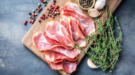 A beautifully arranged display of cured meat slices on a wooden board, accompanied by spices and fresh herbs, perfect for gourmet food styling and culinary presentations.の素材