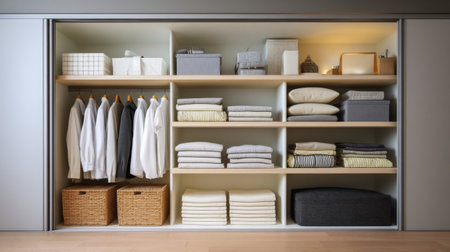 This image shows a well-organized closet with shelves featuring a mix of clothing, storage boxes, and decorative items, showcasing a modern approach to interior space management.の素材