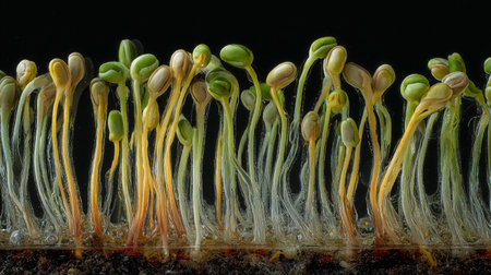 This close-up image captures the intricate details of sprouting seeds, showcasing their delicate roots and young leaves. A stunning representation of nature's growth process.の素材