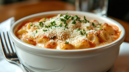 This mouthwatering creamy baked pasta is topped with fresh herbs and cheese, creating an irresistible dish ideal for comfort meals or gatherings.の素材