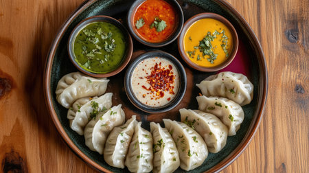 A vibrant platter featuring delicious dumplings arranged with various colorful dips including green, red, and yellow sauces, perfect for sharing.の素材