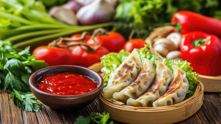 A vibrant arrangement of fresh dumplings served with a spicy sauce, surrounded by colorful vegetables. Perfect for culinary inspiration and healthy dining.の素材