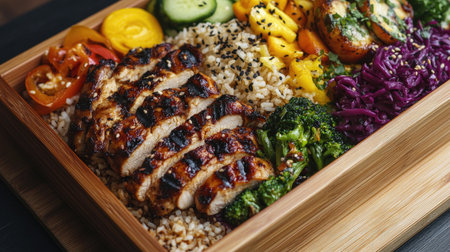 A vibrant arrangement of grilled chicken and colorful vegetables served over rice, showcasing a healthy and appealing meal choice ideal for any occasion.の素材