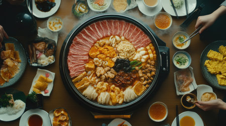 A vibrant hot pot meal with assorted meats, vegetables, and side dishes, showcasing a communal dining experience full of flavors and aromas.の素材