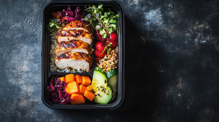 A vibrant meal prep box featuring grilled chicken, rice, and an assortment of colorful vegetables. Perfect for healthy eating and meal planning.の素材