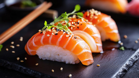Indulge in this beautifully arranged salmon sushi on a black slate plate, showcasing fresh ingredients and elegant presentation perfect for gourmet dining.の素材