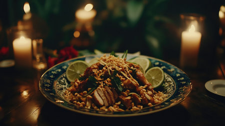 A beautifully arranged dish featuring vibrant ingredients and garnished with herbs and nuts, set amidst soft candlelight for a cozy dining atmosphere.の素材