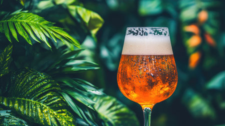 A vibrant glass of refreshing beverage, featuring bubbles and foam, set against a lush tropical background of green leaves, ideal for summer vibes.の素材