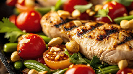 A vibrant dish featuring grilled chicken served with fresh cherry tomatoes, green beans, and garnished with nuts, perfect for a healthy meal.の素材
