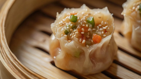 Close-up of fresh dumpling with sesame topping, served in a bamboo steamer. A perfect healthy snack or appetizer full of vibrant flavors.の素材