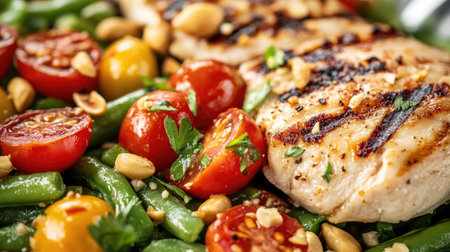 A vibrant plate featuring grilled chicken alongside a colorful vegetable salad with fresh tomatoes and green beans, perfect for healthy dining.の素材