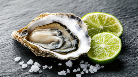 A fresh oyster served on a slate surface with lime slices and sea salt, showcasing a vibrant and elegant presentation perfect for culinary delights.の素材