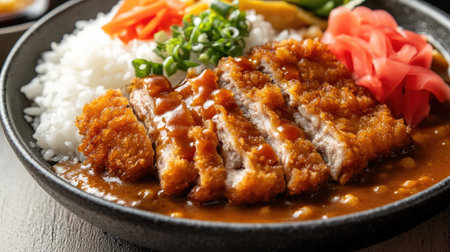 Enjoy a delicious fried cutlet rice bowl topped with savory sauce, fresh vegetables, and garnished with green onions. Perfect for any meal.の素材